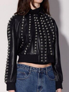 WALTER BAKER Iilaria Leather Studded Bomber Jacket $998 SZ L